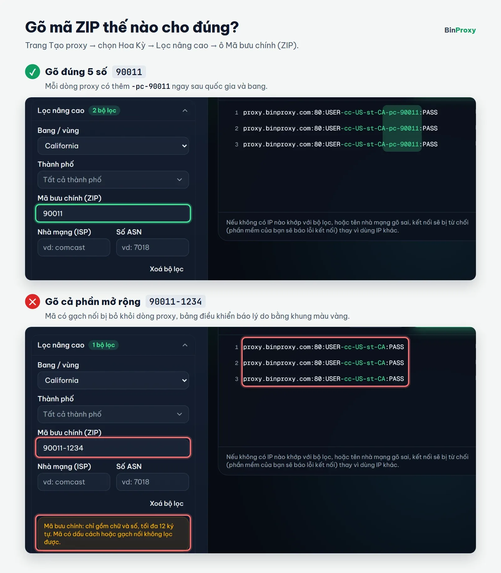 Ảnh bảng điều khiển BinProxy: gõ 90011 thì dòng proxy có thêm -pc-90011; gõ 90011-1234 thì mã bị bỏ khỏi dòng proxy và hiện khung cảnh báo màu vàng