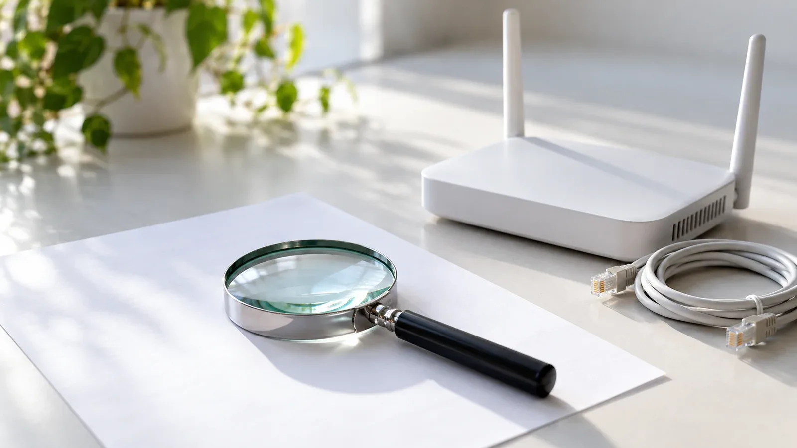 Kính lúp đặt trên tờ giấy trắng cạnh bộ phát Wi-Fi nhỏ và cuộn dây mạng trên bàn sáng màu