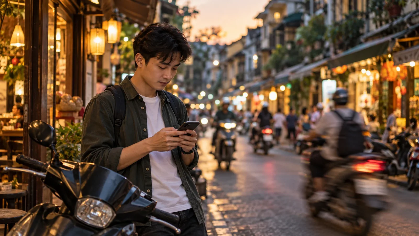 Người đàn ông đứng cạnh xe máy xem điện thoại trên phố cổ Hà Nội lúc chiều tối