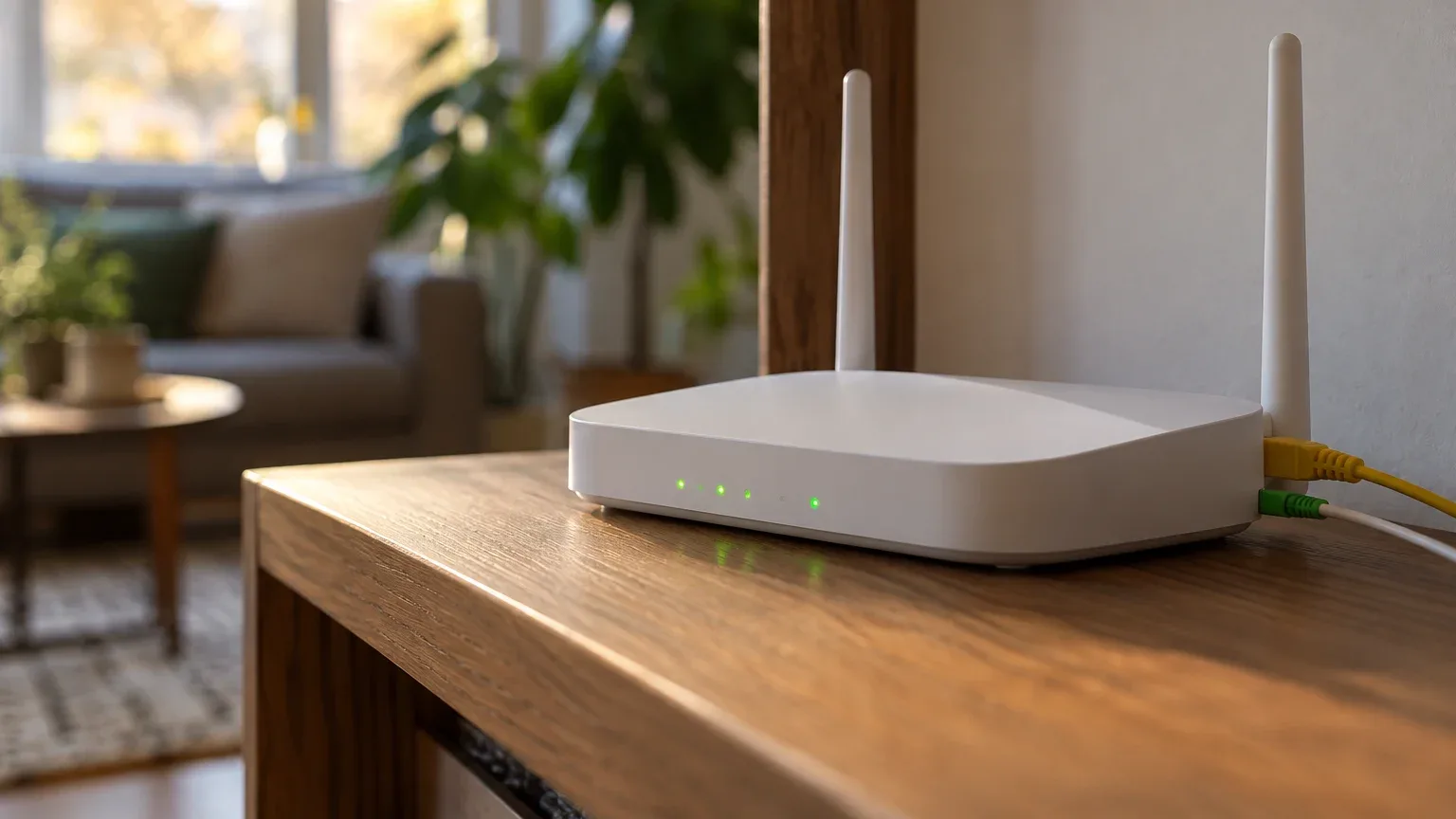 Bộ phát Wi-Fi gia đình đặt trên kệ gỗ trong phòng khách, đèn tín hiệu đang sáng