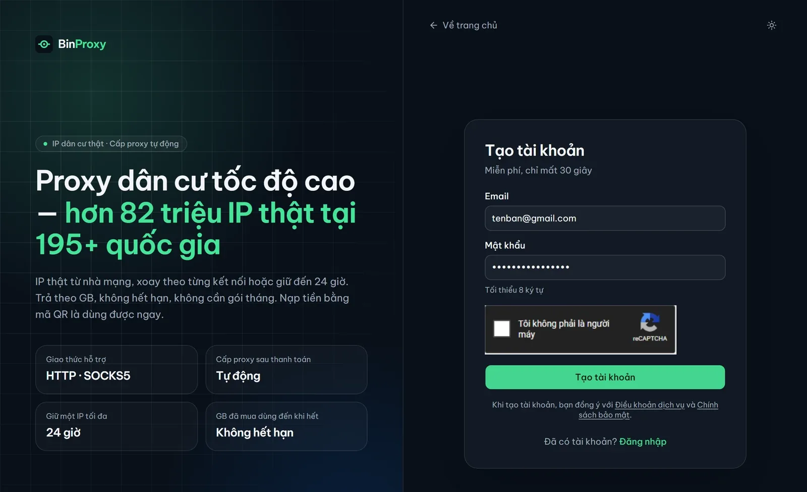 Trang tạo tài khoản BinProxy với ô email, ô mật khẩu, ô xác nhận reCAPTCHA và nút Tạo tài khoản