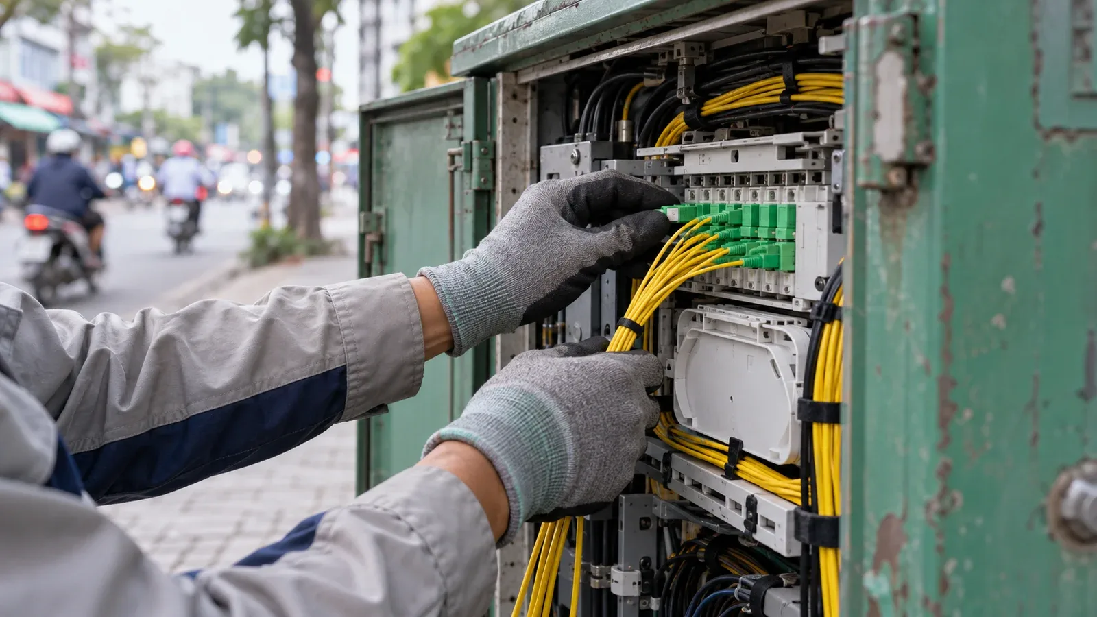 Bàn tay đeo găng của kỹ thuật viên nối dây cáp quang trong tủ thiết bị viễn thông màu xanh trên vỉa hè