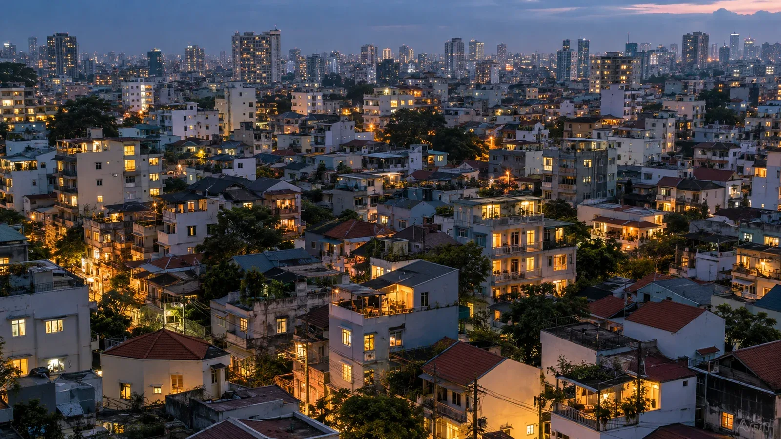 Khu dân cư đông đúc nhìn từ trên cao lúc chạng vạng, hàng trăm ô cửa sổ sáng đèn