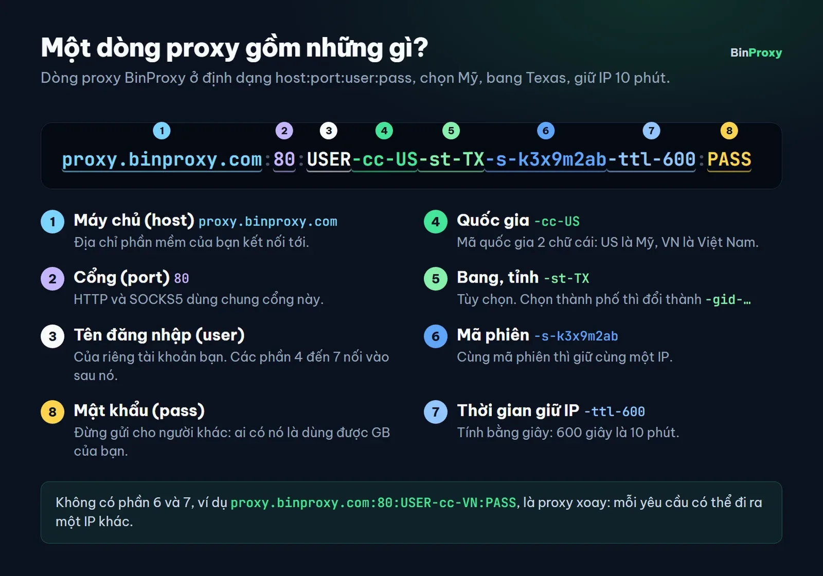 Sơ đồ tách một dòng proxy BinProxy thành 8 phần: máy chủ proxy.binproxy.com, cổng 80, tên đăng nhập, quốc gia -cc-US, bang -st-TX, mã phiên -s-, thời gian giữ IP -ttl-600 tính bằng giây và mật khẩu