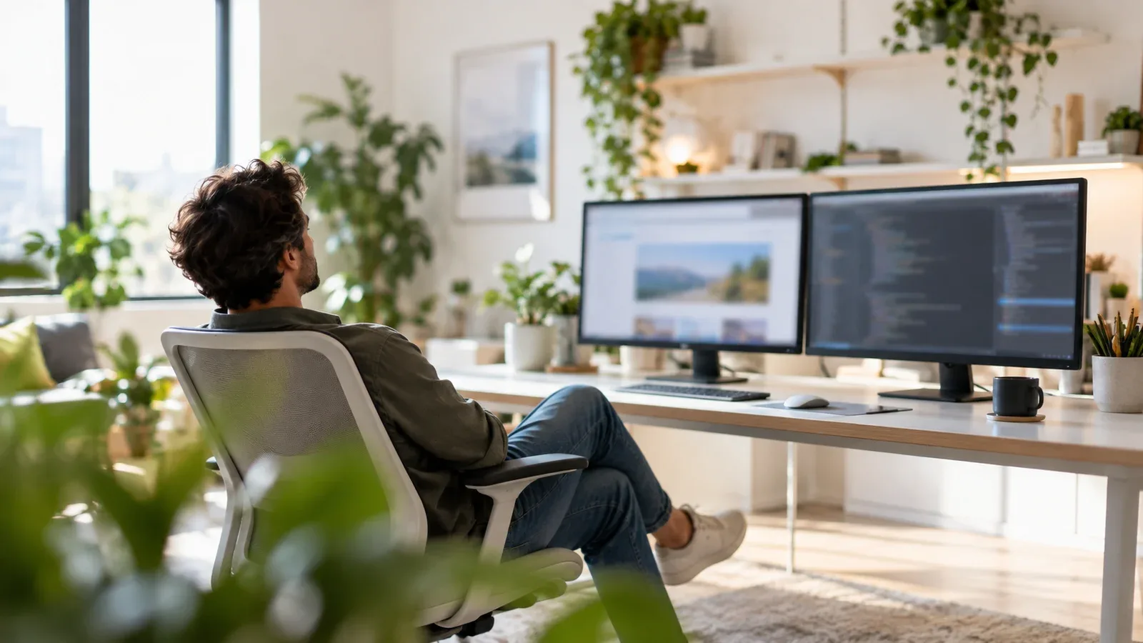 Bàn làm việc sáng sủa với hai màn hình, một trang web và một trình soạn thảo code, người ngồi tựa ghế phía sau