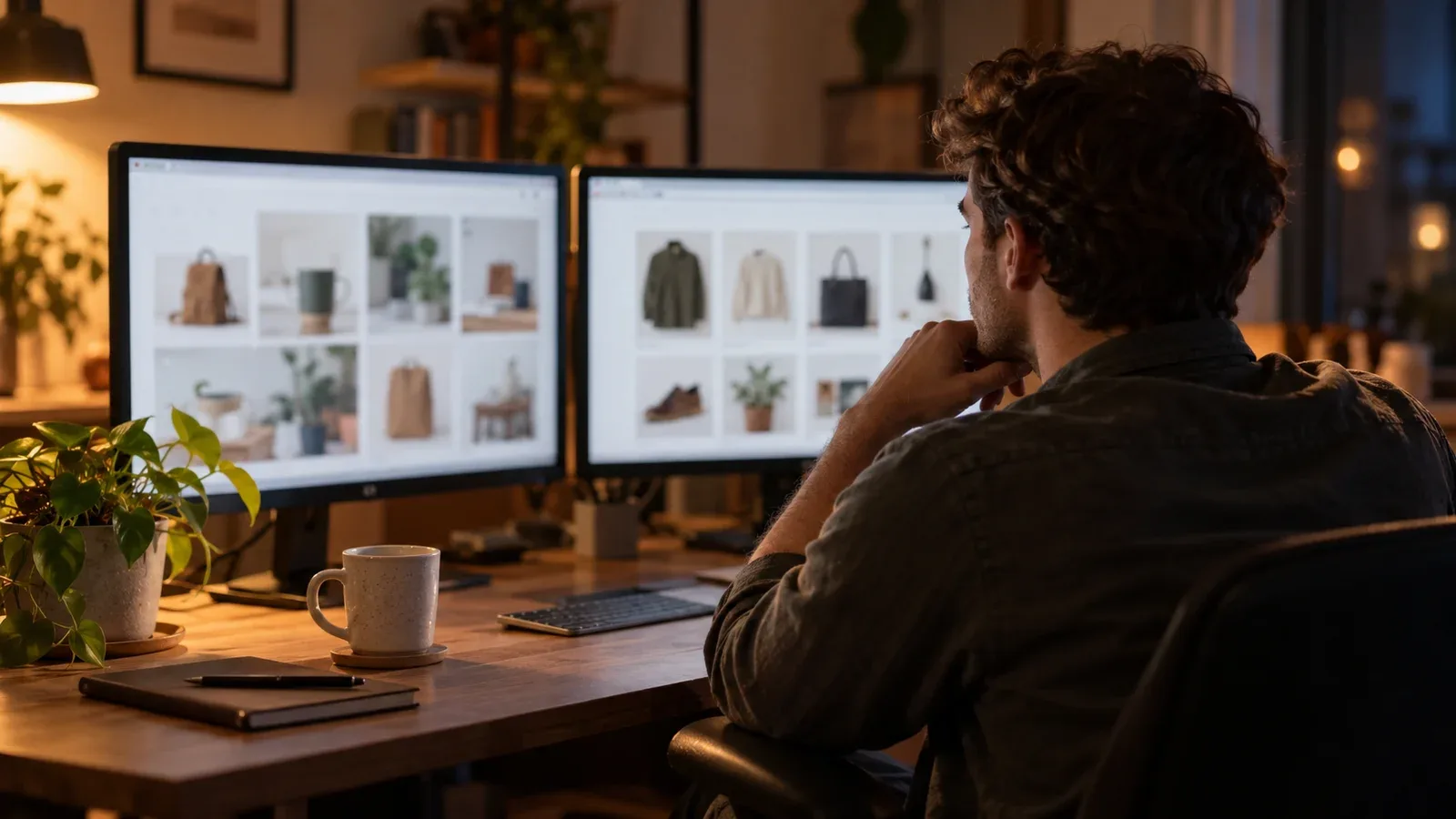 Một người so sánh hai trang cửa hàng online trên hai màn hình cạnh nhau trong góc làm việc tại nhà