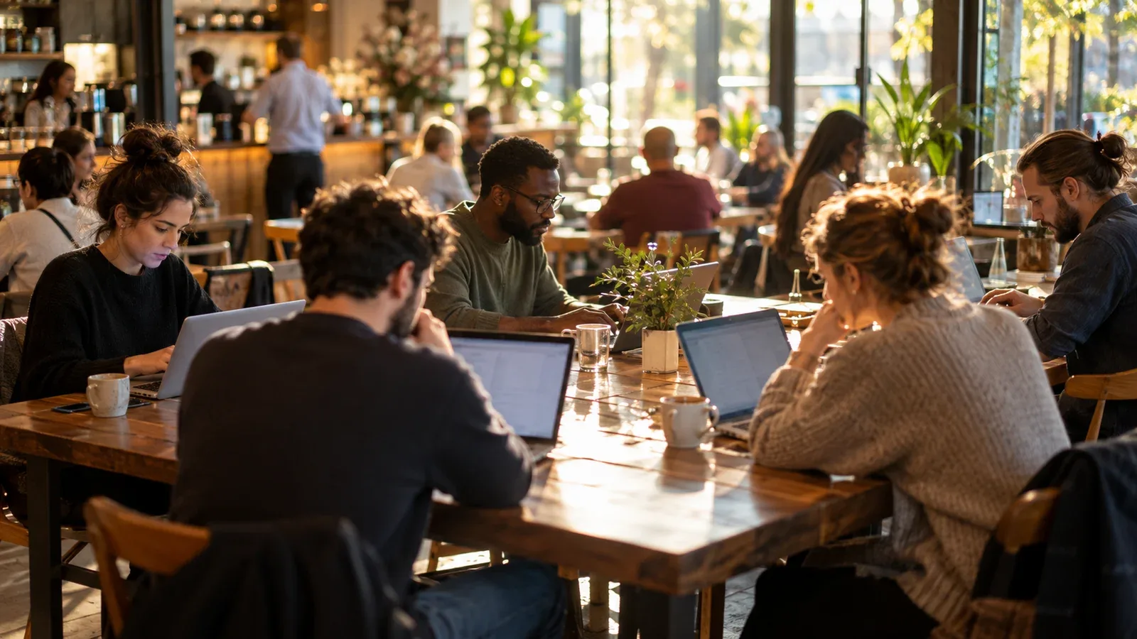 Quán cà phê đông người dùng chung Wi-Fi, nhiều người làm việc với máy tính xách tay trên bàn gỗ dài