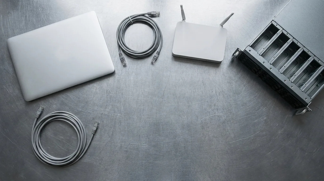 Bàn kỹ thuật đặt router dân dụng cạnh linh kiện máy chủ, thể hiện hai nguồn kết nối khác nhau