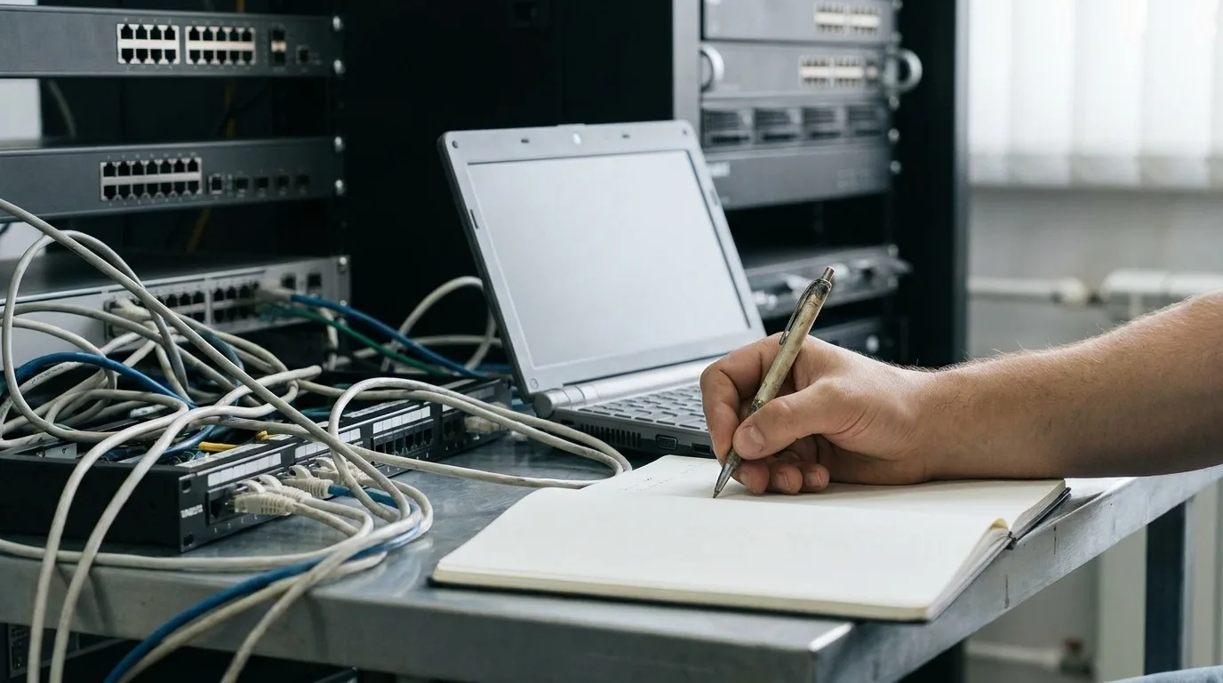 Thiết bị mạng và laptop trong phòng QA, một người ghi kết quả vào sổ trống