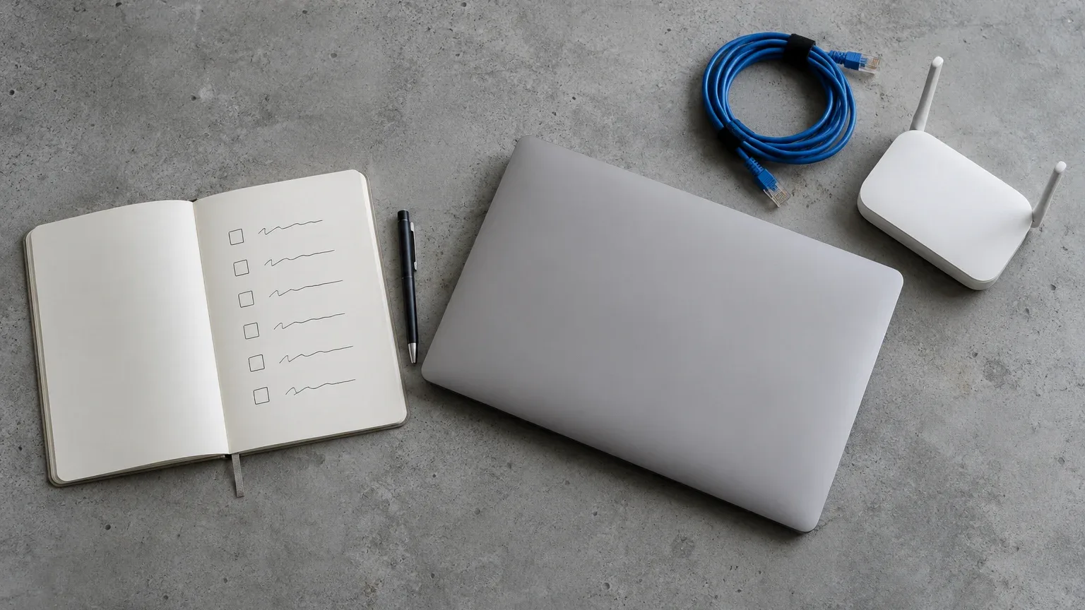 Cuốn sổ có danh sách ô đánh dấu, cây bút, máy tính xách tay, cuộn cáp mạng và bộ phát Wi-Fi đặt trên mặt bàn bê tông