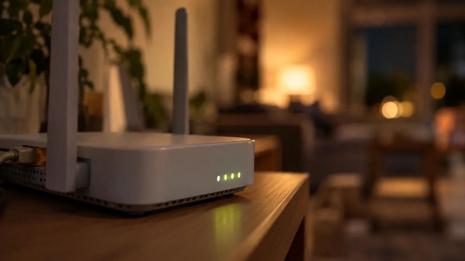 Bộ phát Wi-Fi gia đình với đèn trạng thái xanh trên kệ phòng khách