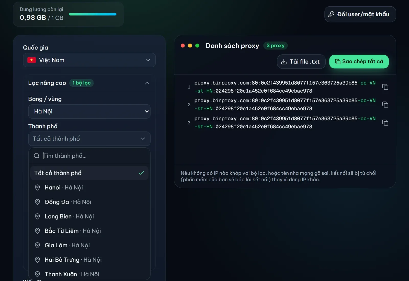 Trang Tạo proxy của BinProxy với quốc gia Việt Nam, khối Lọc nâng cao đang mở, tỉnh Hà Nội đã chọn và danh sách thành phố, quận của Hà Nội hiện ra để chọn