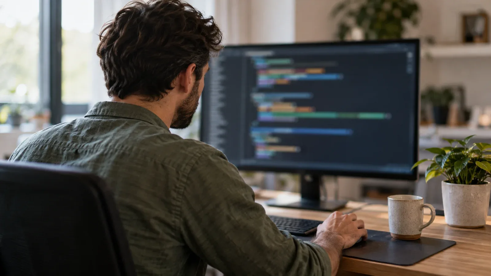 Lập trình viên làm việc trước màn hình có trình soạn thảo code trong một góc làm việc tại nhà
