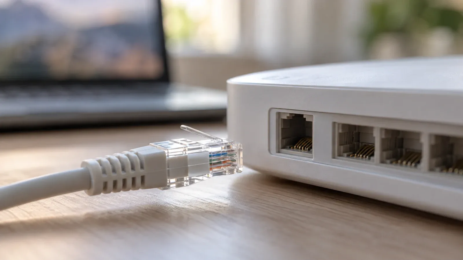 Đầu dây mạng rút ra nằm cạnh cổng mạng trống của bộ phát Wi-Fi, phía sau là máy tính xách tay mờ